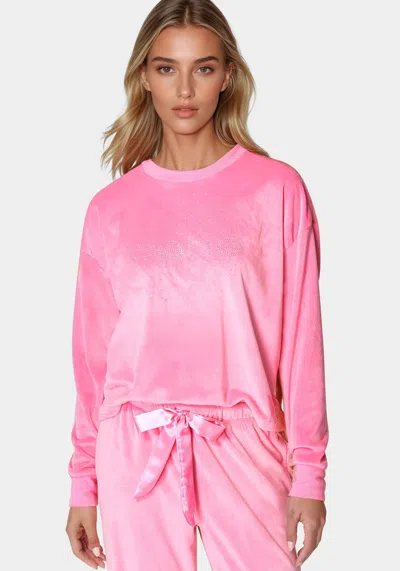 Bebe Crewneck Velour Rhinestone Front In Aurora Pink