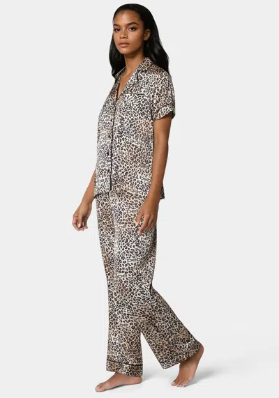 Bebe Notch Collar Silky Satin Sets In Warm Taupe