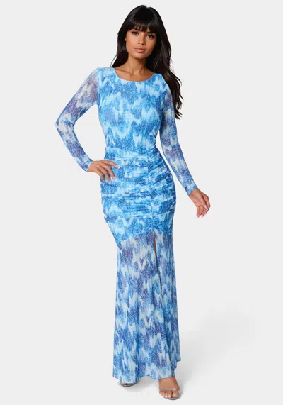 Bebe Ruched Longsleeve Printed Maxi Dress In Soft Tapestry