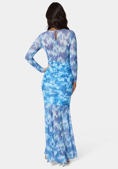 Bebe Ruched Longsleeve Printed Maxi Dress In Soft Tapestry