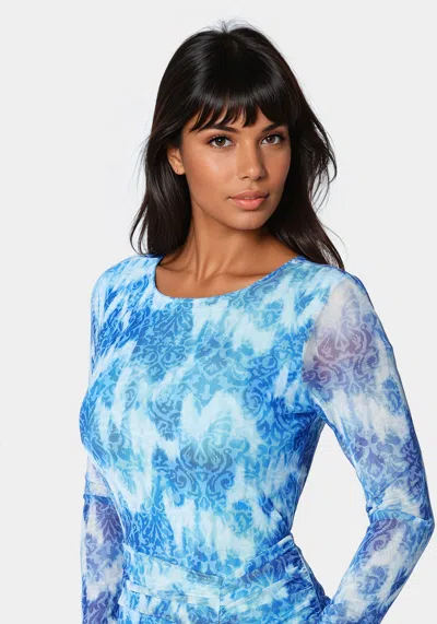 Bebe Ruched Longsleeve Printed Maxi Dress In Soft Tapestry