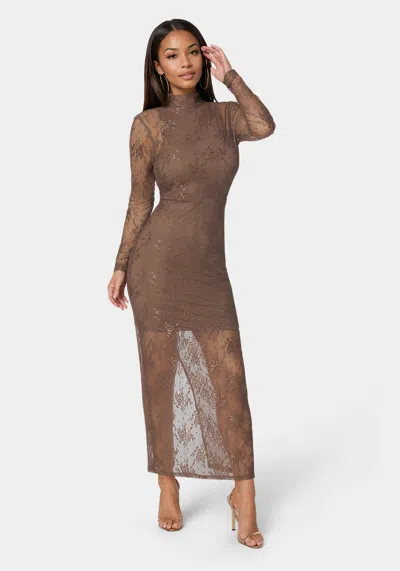 Bebe Illusion Lace Maxi Dress In Chocolate