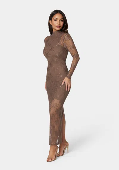 Bebe Illusion Lace Maxi Dress In Chocolate