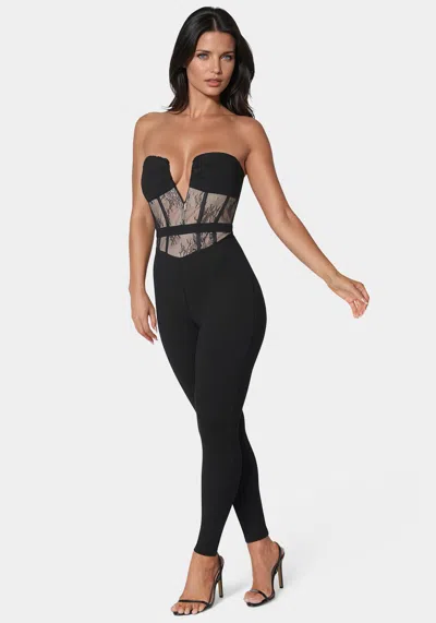 Shop Bebe Lace Corset Catsuit In Black,nude