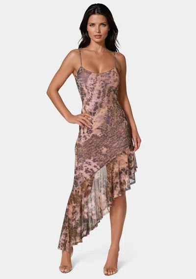Bebe Cascade High Low Mesh Dress In Tangerine Leopard