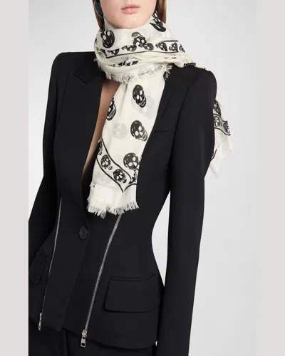 Alexander Mcqueen Mcqueen Skull Print Wool Fringe Scarf In Black