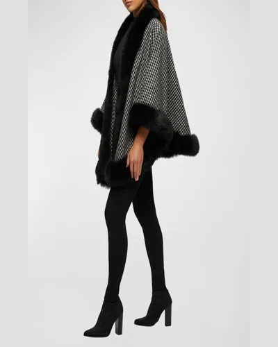 Gorski Cashmere Capelet With Lamb Shearling Trim In Black Houndstooth