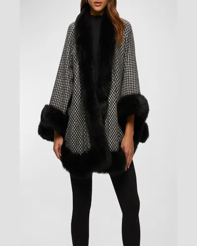 Gorski Cashmere Capelet With Lamb Shearling Trim In Black Houndstooth