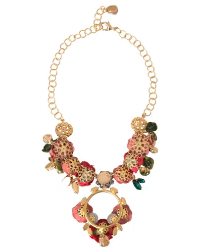 Dolce & Gabbana Gold Brass Link Chain Rosepetal Crystal Pendant Women's Necklace In Gold