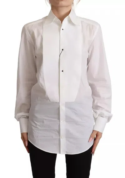 Pre-owned Dolce & Gabbana White Cotton Dress Collared Long Sleeves Shirt Women's Top ()