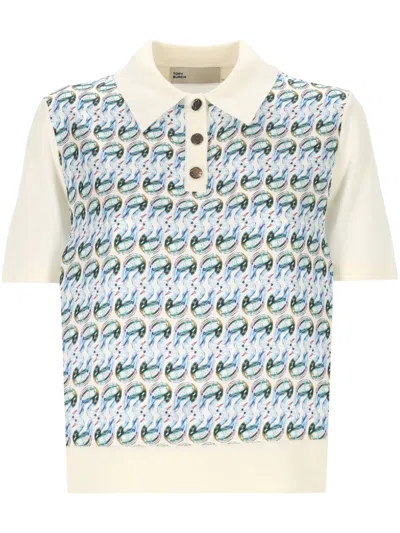 Tory Burch Patterned Front Top With Classic Polo Collar In New Ivory/blu