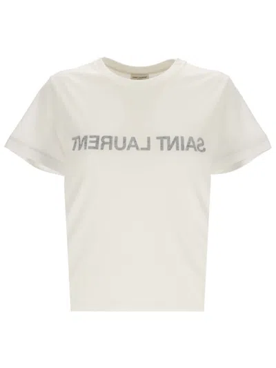 Saint Laurent Reverse Logo T-shirt In Naturel/noir
