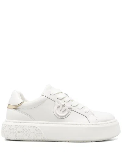 Pinko Yoko 12 Leather Sneakers With Lateral Love Birds Detail In Beige