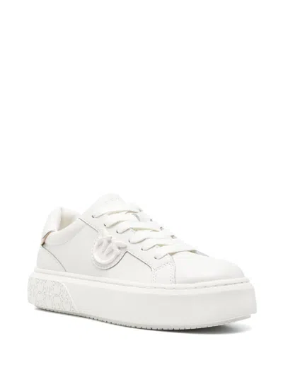 Pinko Yoko 12 Leather Sneakers With Lateral Love Birds Detail In Beige