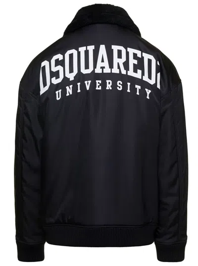 Dsquared2 'ciprus' Black Bomber Jacket With Contrasting Logo Patch And Print In Nylon Man In Black