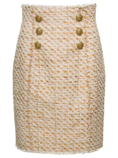 Balmain Beige Tweed Skirt With Front Golden Buttons In Cotton Blend Woman In Beige
