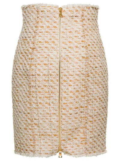 Balmain Beige Tweed Skirt With Front Golden Buttons In Cotton Blend Woman In Beige