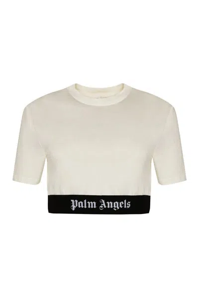 Palm Angels White Cropped T-shirt With Jacquard Logo In Cotton Woman In White