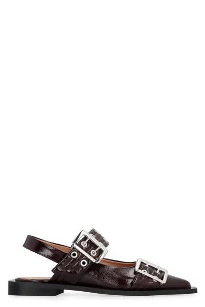Ganni Black Croco Print Slingback Ballet Flat Shoe With Buckles In Red-purple Or Grape