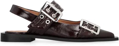 Ganni Black Croco Print Slingback Ballet Flat Shoe With Buckles In Red-purple Or Grape