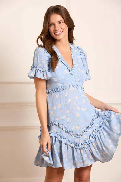 Needle & Thread Rose Ditsy Satin V-neck Micro Mini Dress In Blue