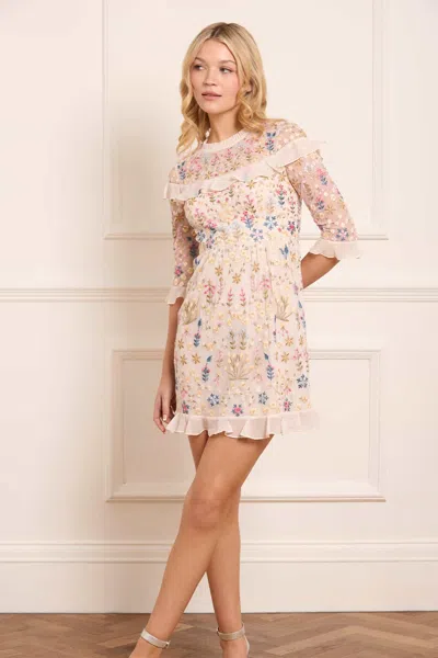 Needle & Thread Flowerbed Embroidery Mini Dress In Champagne