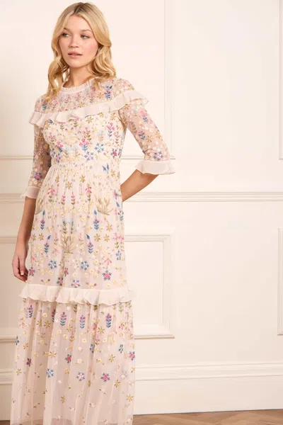 Needle & Thread Flowerbed Embroidery Ankle Gown In Champagne