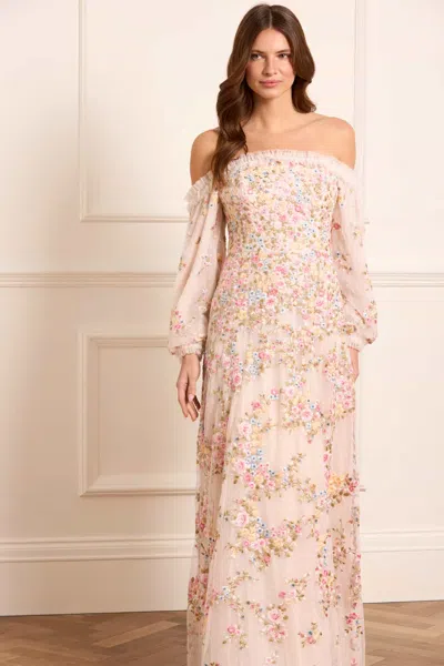 Needle & Thread Lunaria Wreath Off-shoulder Long Sleeve Gown In Champagne