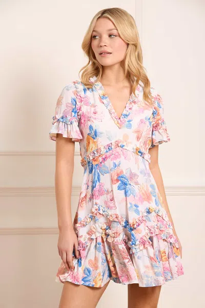 Needle & Thread Mariannes Floral Satin V-neck Micro Mini Dress In Multi