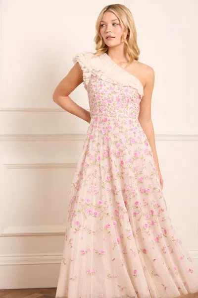 Needle & Thread Lea Ditsy One-shoulder Ankle Gown In Champagne