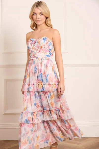 Needle & Thread Mariannes Floral Chiffon Strapless Ankle Gown In Multi