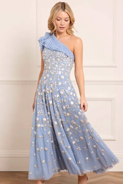 Needle & Thread Lea Ditsy One-shoulder Ankle Gown In Blue