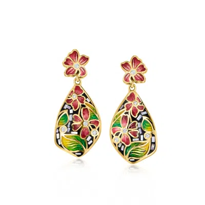 Ross-simons Gray Mother-of-pearl And Multicolored Enamel Floral Drop Earrings With White Zircons In 18kt Gold Ov In White