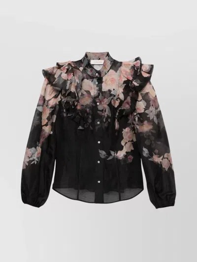 Zimmermann Crush Frill Sleeve Floral Blouse In Black