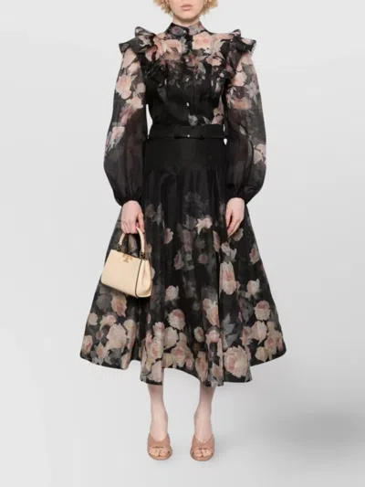 Zimmermann Crush Frill Sleeve Floral Blouse In Black