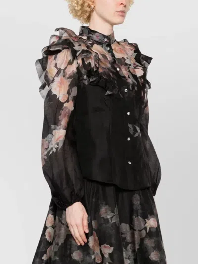 Zimmermann Crush Frill Sleeve Floral Blouse In Black