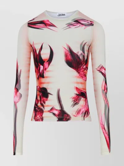 Jean Paul Gaultier Layered Long Sleeves Top Printed Flower Body Morphing Mariniere In Pink