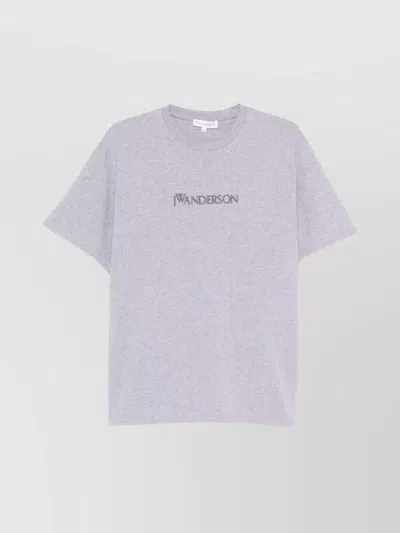 Jw Anderson Grey Crewneck T-shirt With Logo Embroidery On The Front In White