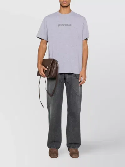 Jw Anderson Grey Crewneck T-shirt With Logo Embroidery On The Front In White