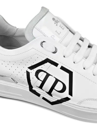 Philipp Plein Perforated Leather Sneakers Logo Detail In White