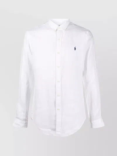 Ralph Lauren Linen Shirt Logo Chenille Texture In White