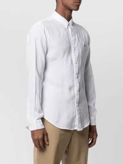 Ralph Lauren Linen Shirt Logo Chenille Texture In White