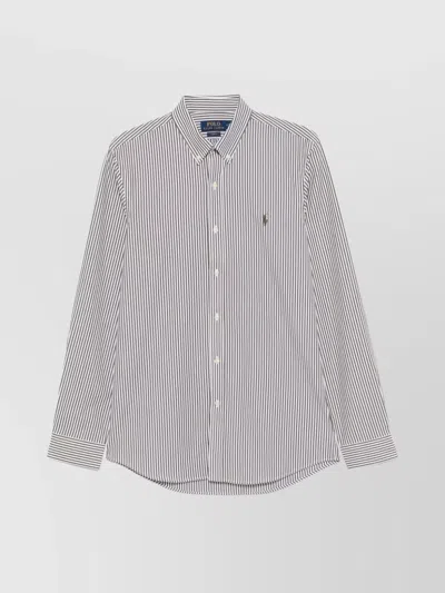 Ralph Lauren Striped Cotton Blend Shirt With Curved Hem In Grey