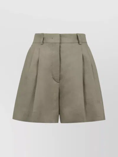 Kiton Linen High Waist Pleated Shorts With Belt Loops In Green