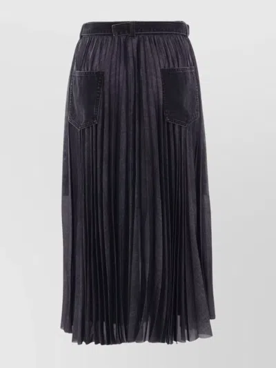 Sacai Pleated Denim Skirt With Adjustable Belt Loops In Black