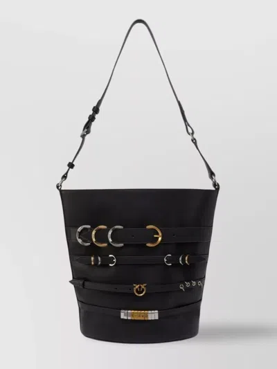 Pinko Metal Buckle Bucket Bag With Adjustable Strap In Black
