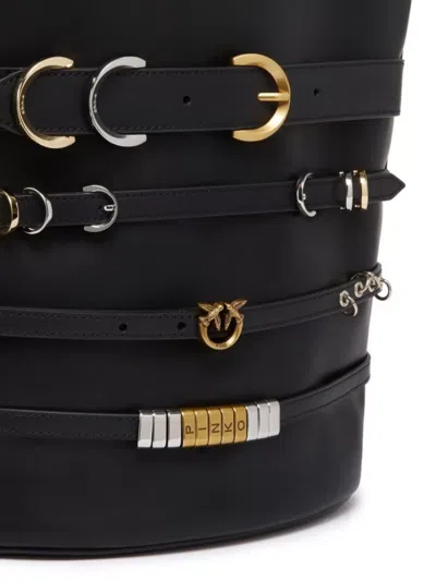 Pinko Metal Buckle Bucket Bag With Adjustable Strap In Black