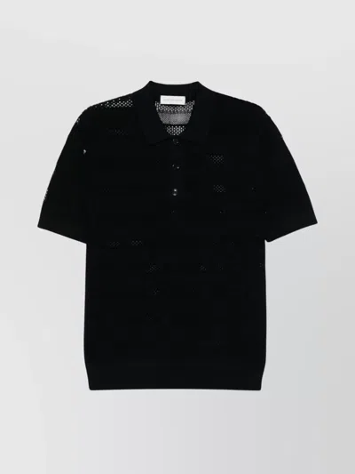 Dries Van Noten Short Sleeve Black Polo In Striped Mesh Knit In Green