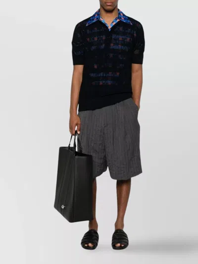 Dries Van Noten Short Sleeve Black Polo In Striped Mesh Knit In Green