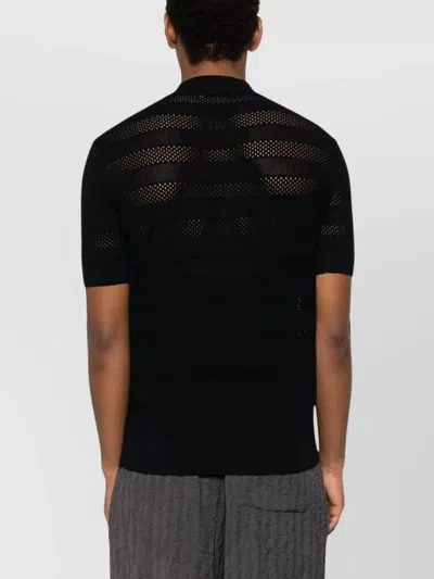 Dries Van Noten Short Sleeve Black Polo In Striped Mesh Knit In Green
